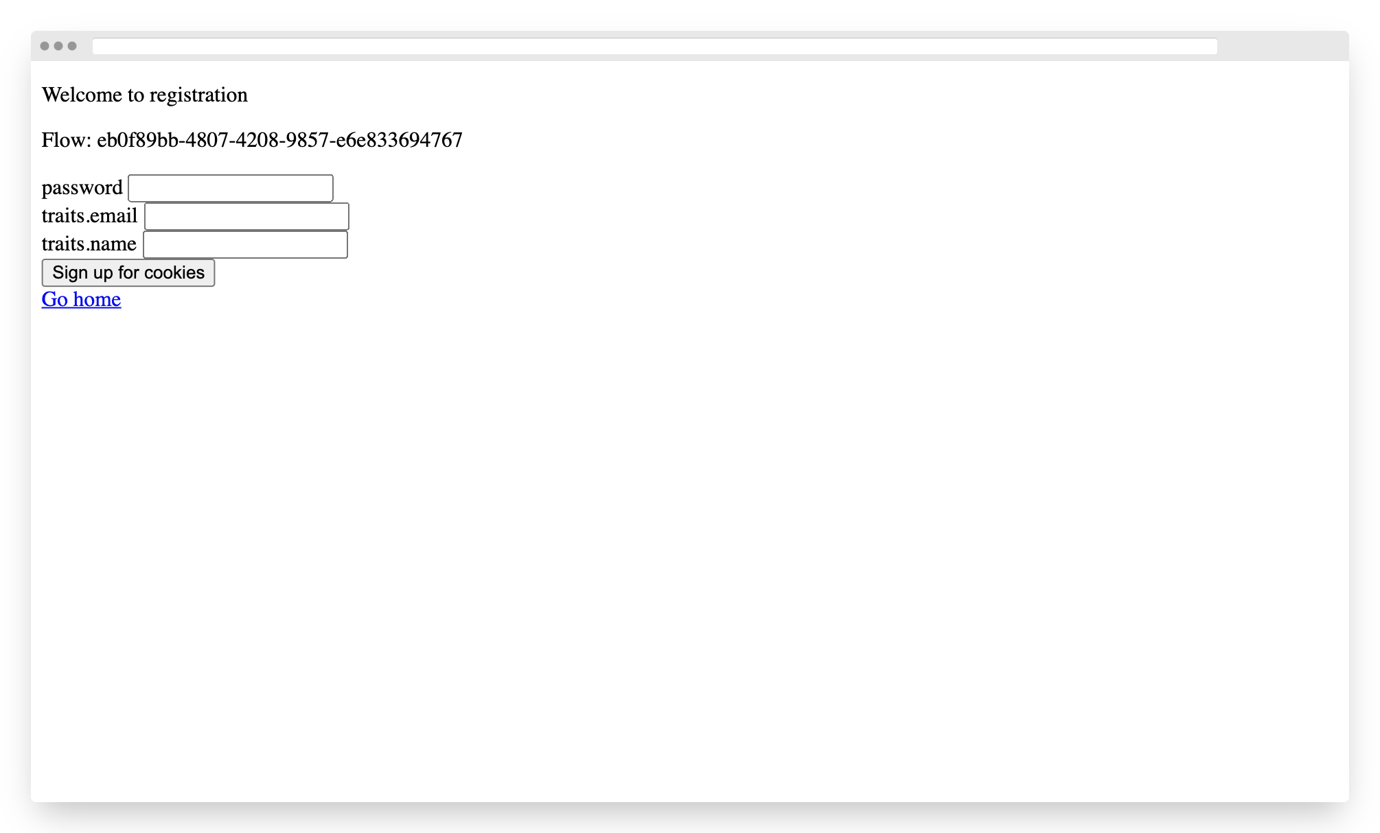 Browser window with unstyled html form. Inputs for password, email, and username. Sign up button below that.